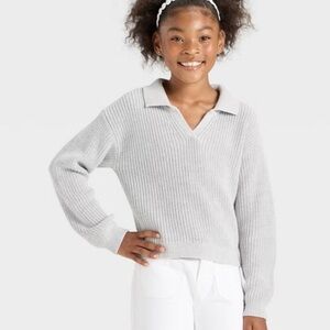 Girls Light Heather Gray Collard long sleeve Sweater